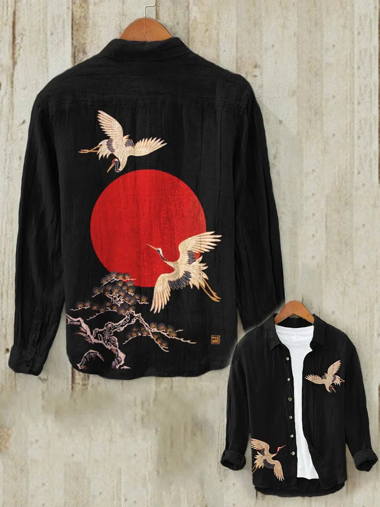 Cranes & Pine Tree Sunrise Japanese Art Linen Blend Shirt