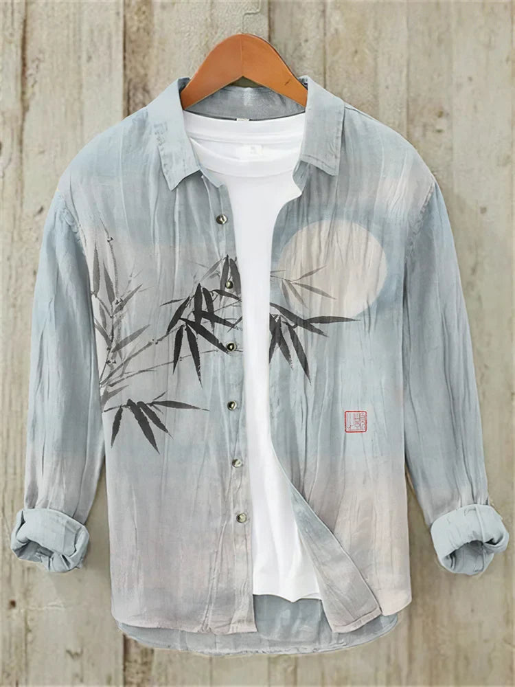 Bamboo & Moon Japanese Art Casual Linen Blend Shirt (Blue)