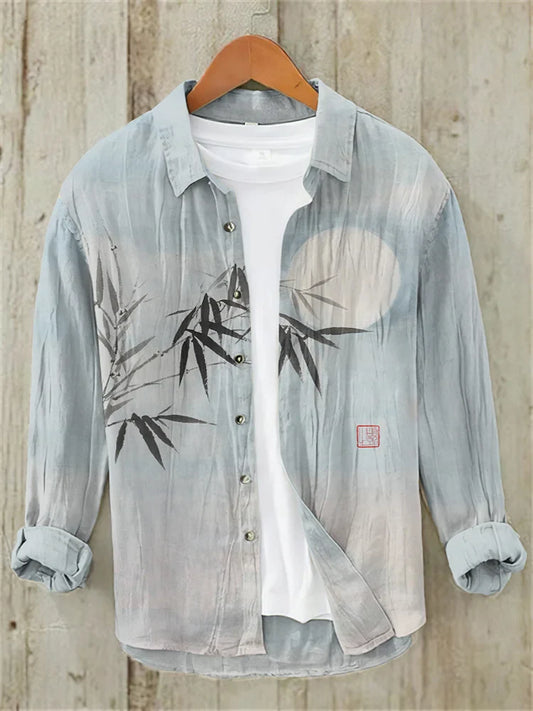 Bamboo & Moon Japanese Art Casual Linen Blend Shirt (Blue)