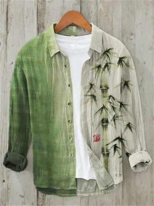 Bamboo Japanese Art Contrast Linen Blend Shirt