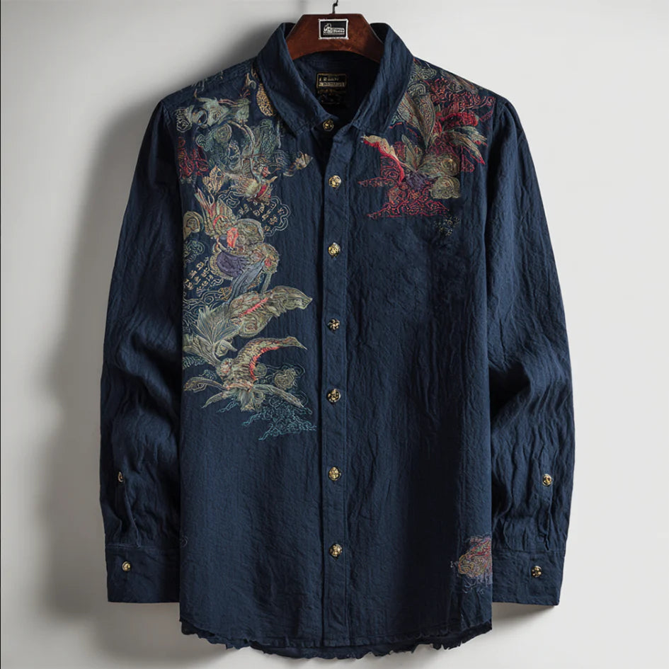 Japanese Art Style Bird And Flower Pattern Men's Cotton And Linen Short Sleeve Shirt