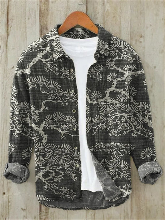 Pine Trees Japanese Lino Art Pattern Linen Blend Shirt (Dark Gray)
