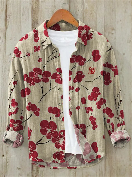 Cherry Blossom Japanese Lino Art Linen Blend Shirt (Red)