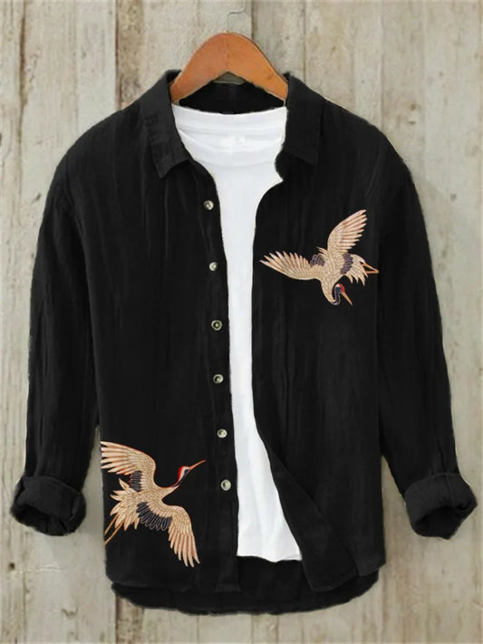 Cranes & Pine Tree Sunrise Japanese Art Linen Blend Shirt