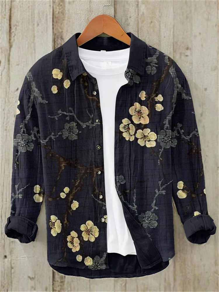 Men's Vintage Japanese Art Blossom Casual Linen Blend Shirt