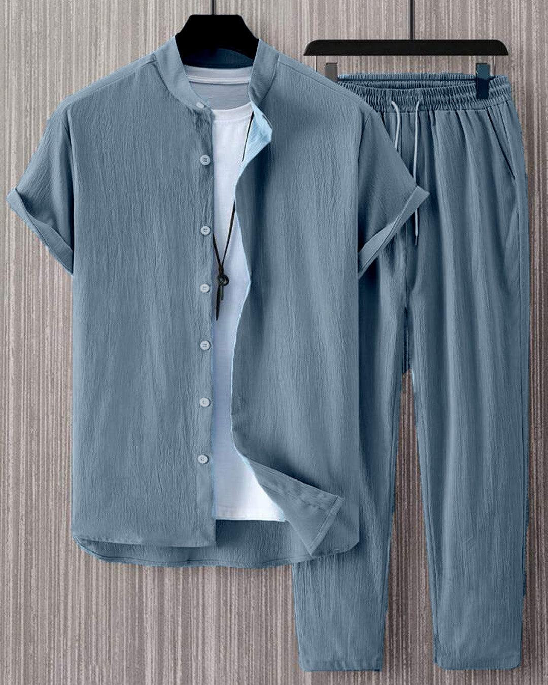 Men's Two Piece Outfits Summer Comfortable Casual Short Sleeves Shirt And Pant In Blue Without Tee