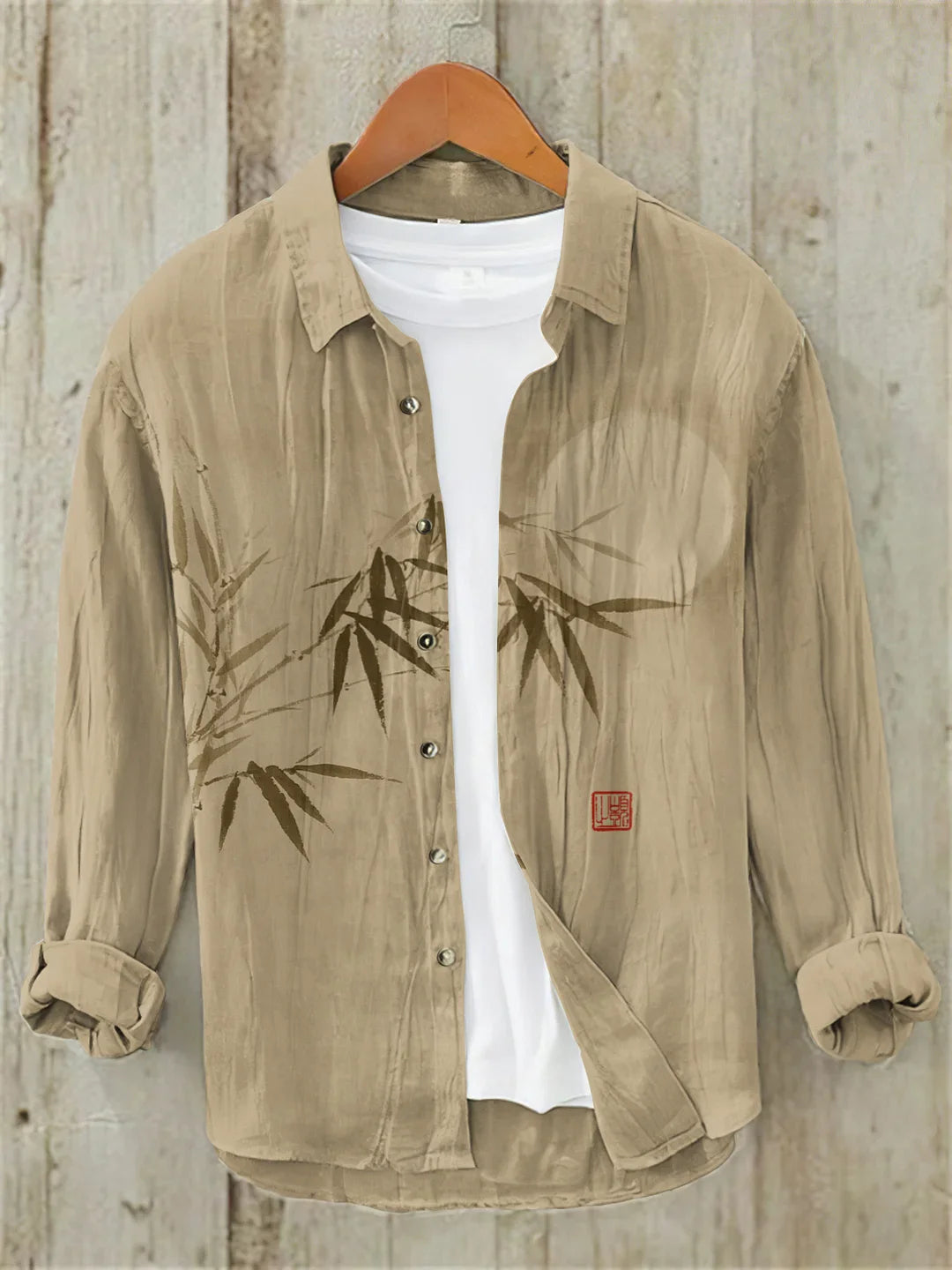 Bamboo & Moon Japanese Art Casual Linen Blend Shirt (Khaki)