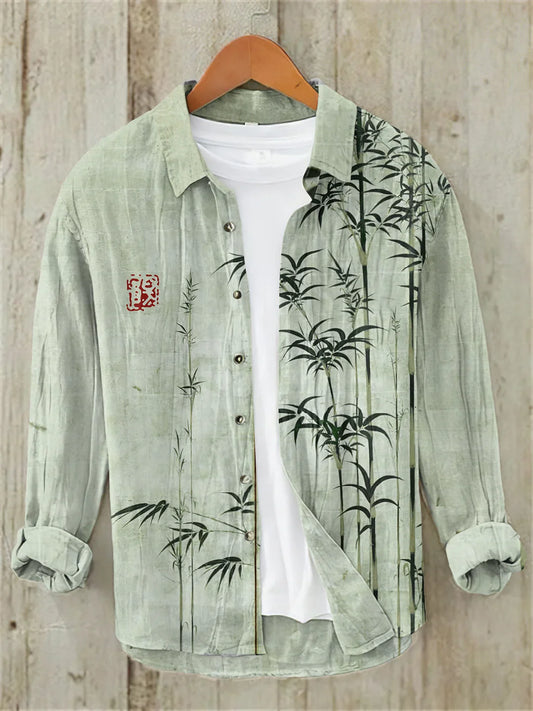 Bamboo Japanese Art Casual Linen Blend Shirt (Green)