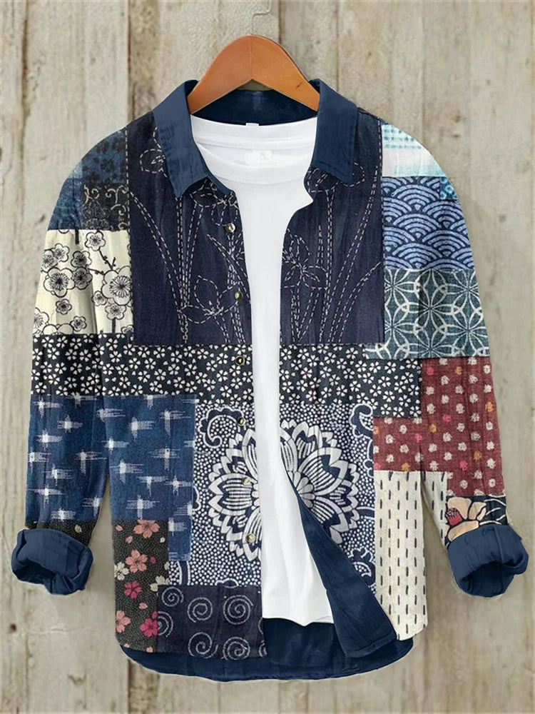 Men's Vintage Japanese Art Patch Casual Linen Blend Shirt