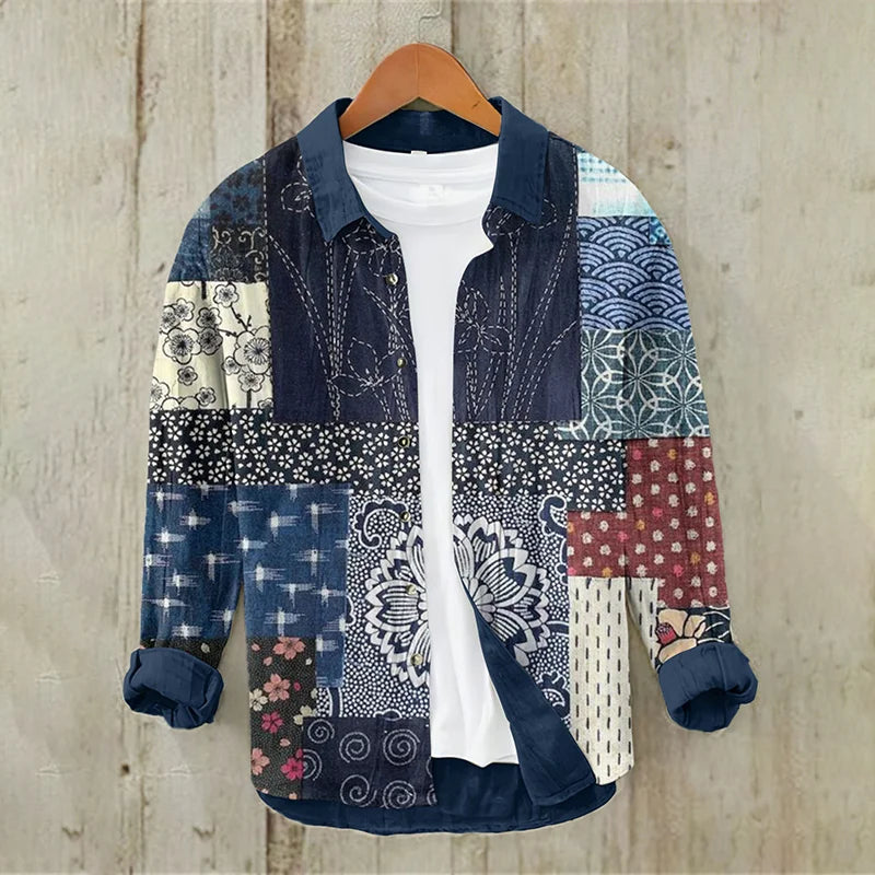 Men's Vintage Japanese Art Patch Casual Linen Blend Shirt