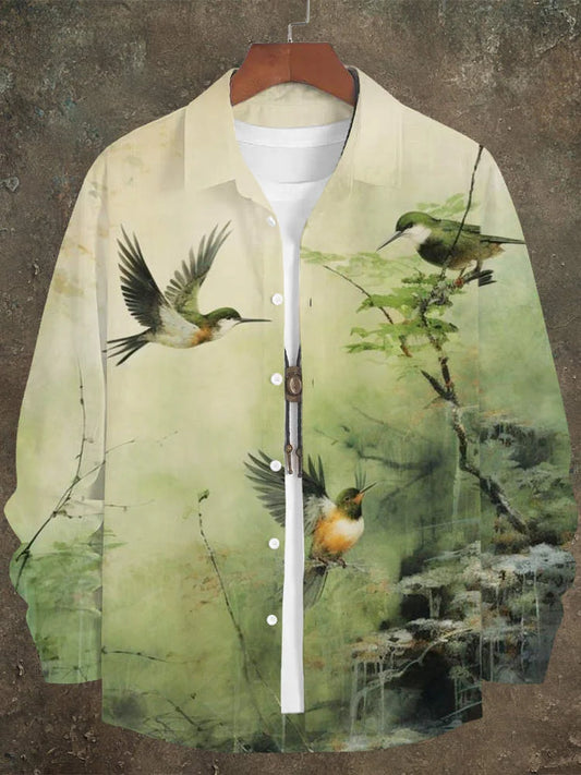 Vintage Japanese Bird & Flower Men's Linen Long Sleeve Shirt
