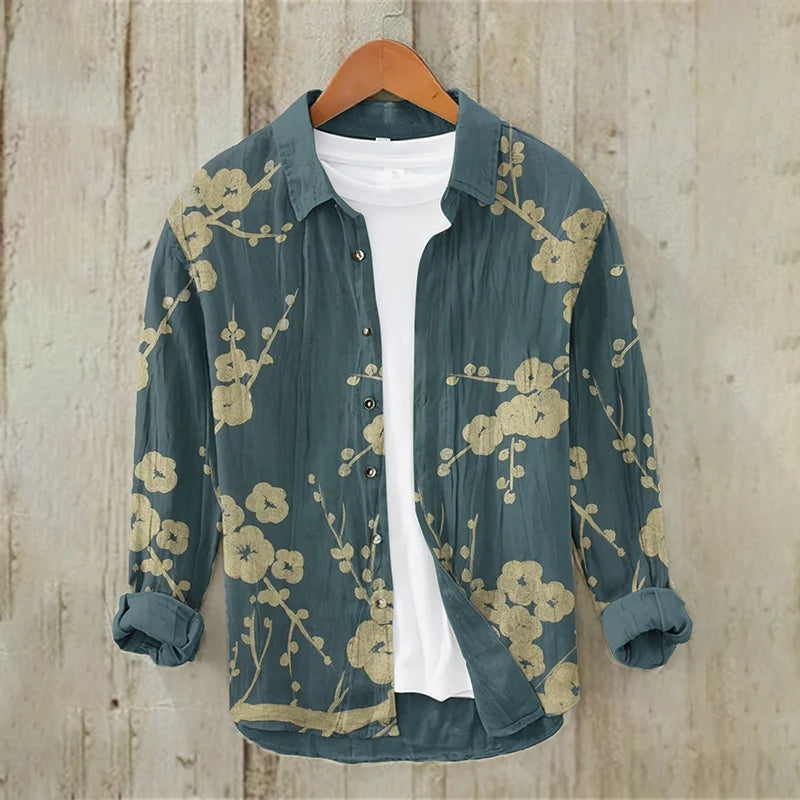 Men's Vintage Sakura Japanese Art Button Linen Blend Shirt