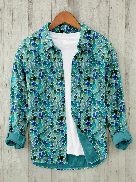 Ocean Vibe Seaglass Watercolor Pattern Linen Blend Blouse