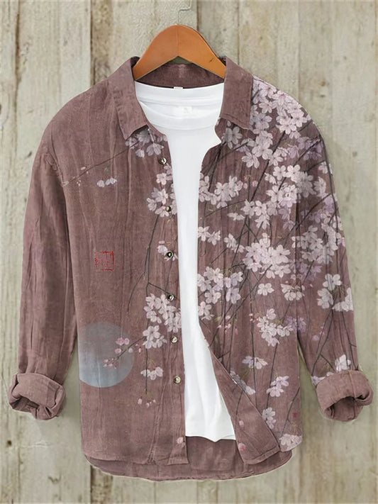 Men's Vintage Japanese Art Floral Moon Casual Linen Blend Shirt