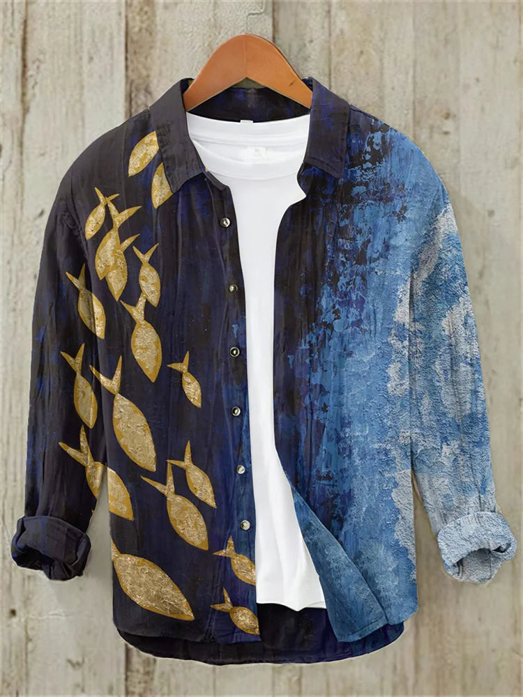 Japanese Art A School Of Fish V Neck Casual Linen Blend Shirt