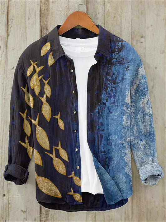 Japanese Art A School Of Fish V Neck Casual Linen Blend Shirt