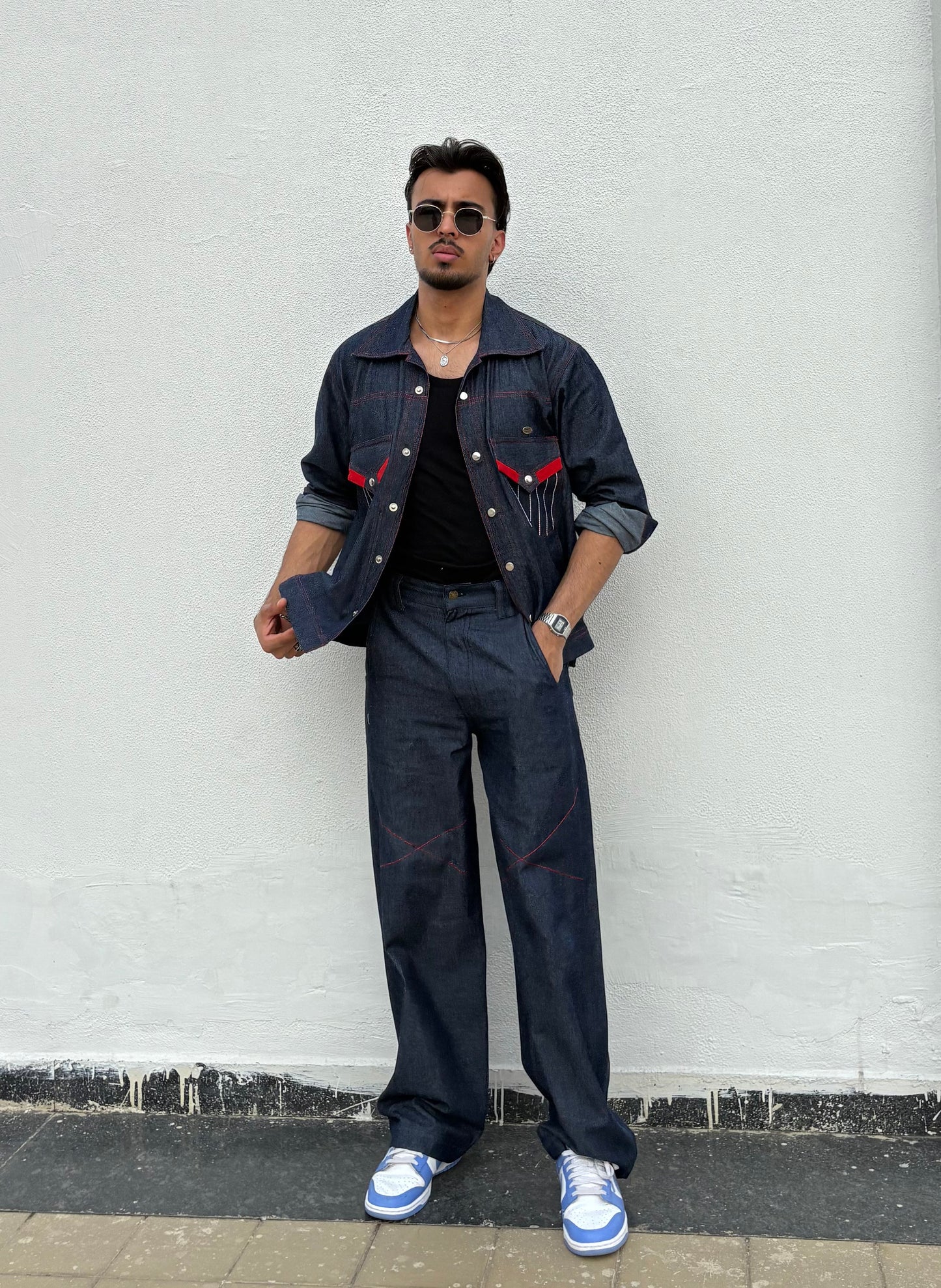 Blue Red Denim Jacket & Pants set