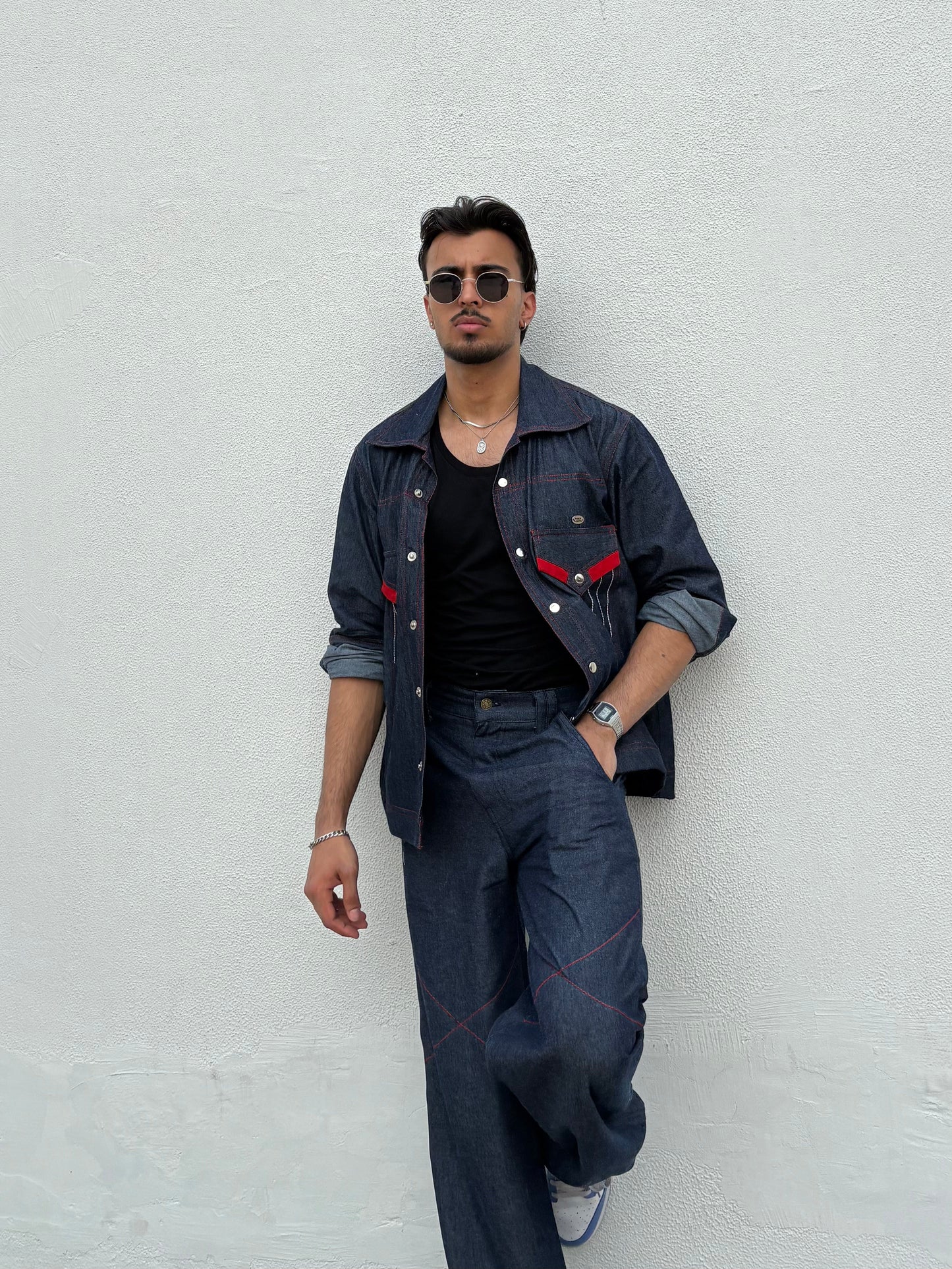 Blue Red Denim Jacket & Pants set