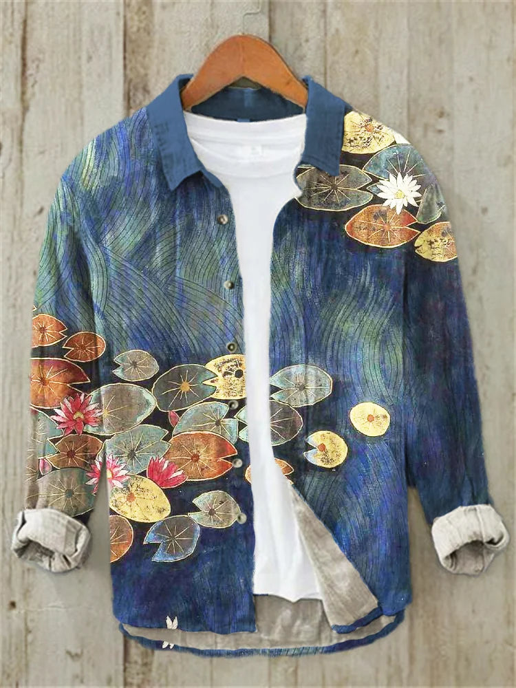 Japanese Lotus Leaf Print Casual Linen Shirt