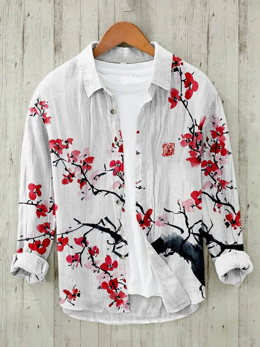 Japanese Cherry Blossom Art Linen Blend Blouse (White)