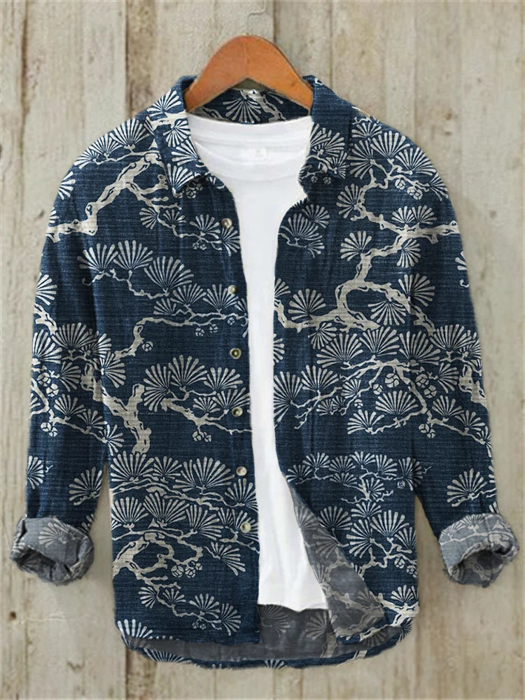 Pine Trees Japanese Lino Art Pattern Linen Blend Shirt (Navy)