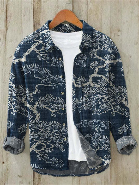Pine Trees Japanese Lino Art Pattern Linen Blend Shirt (Navy)