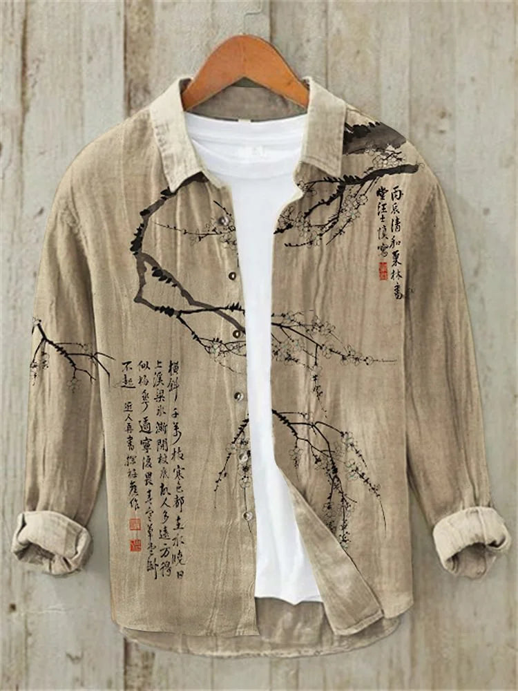 Men'S Floral Ink Painting Vintage Cotton And Linen Shirt
