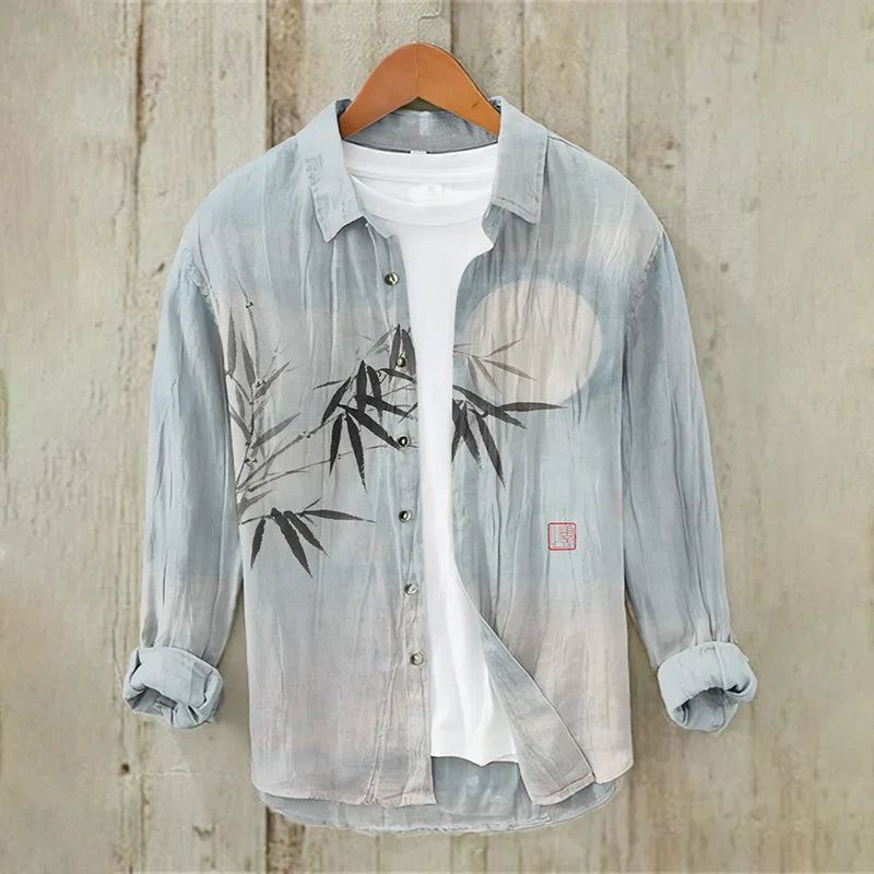 Bamboo & Moon Japanese Art Casual Linen Blend Shirt (Blue)