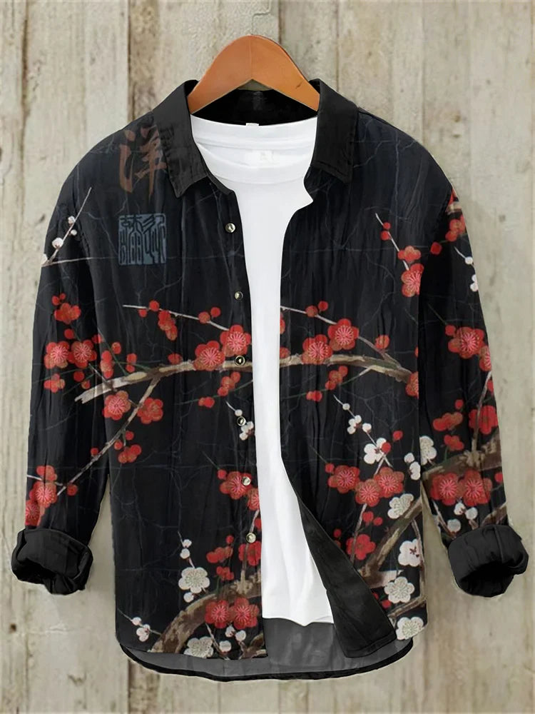 Men's Vintage Japanese Art Plum Blossom Casual Linen Blend Shirt