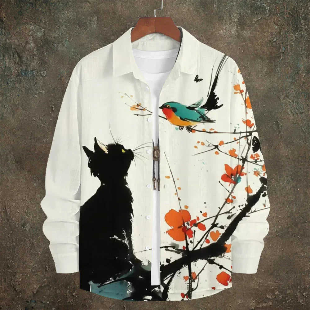 Black Cat & Bird Japanese Art Men's Linen Long Sleeve Shirt