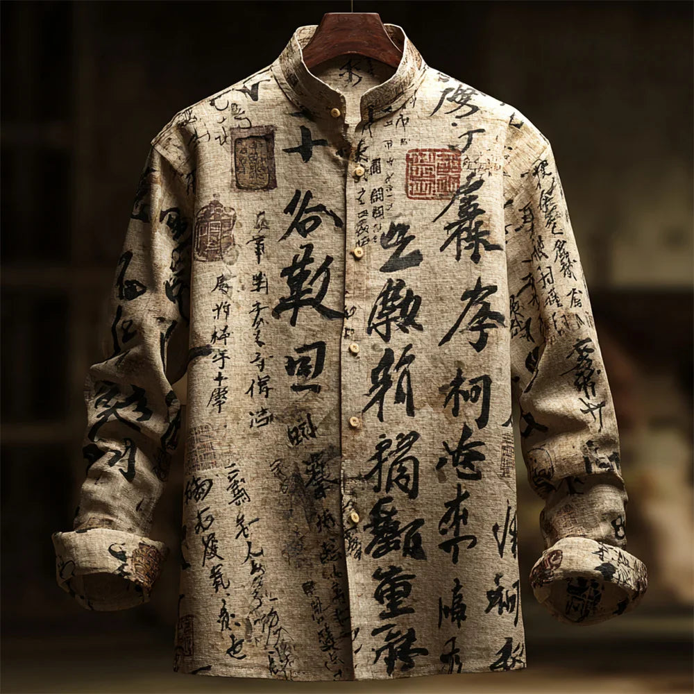 Japanese Zen Calligraphy Men's Linen Long Sleeve Shirt
