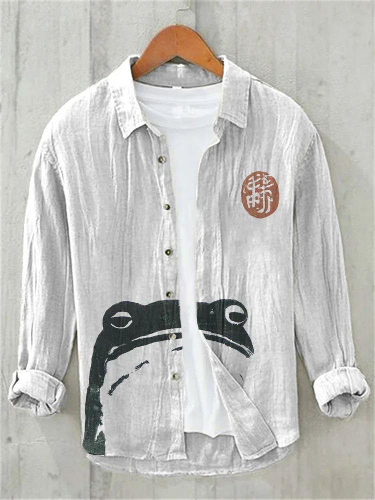 Japanese Art Frog Print Cozy Cotton Linen Cardigan