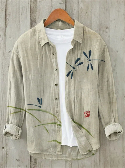Dragonflies of Spring Japanese Art Linen Blend Shirt