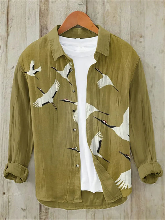 Japanese Ukiyoe Crane Painting Vintage Cotton And Linen Shirt