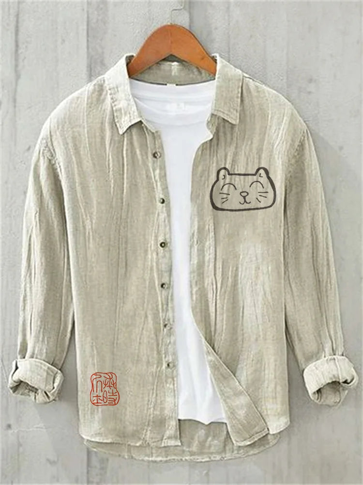 Japanese Art Cat Print Cozy Cotton Linen Shirt