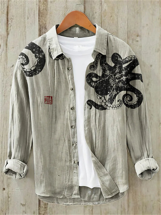 Vintage Japanese Art Octopus Button Casual Linen Blend Shirt