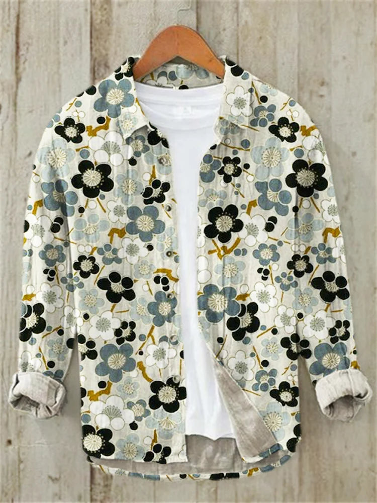 Japanese Cherry Blossom Art Linen Long Sleeve Shirt
