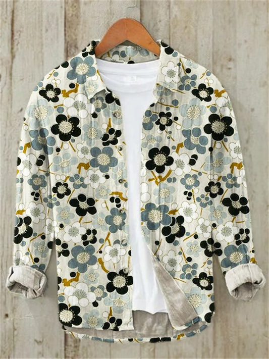 Japanese Cherry Blossom Art Linen Long Sleeve Shirt