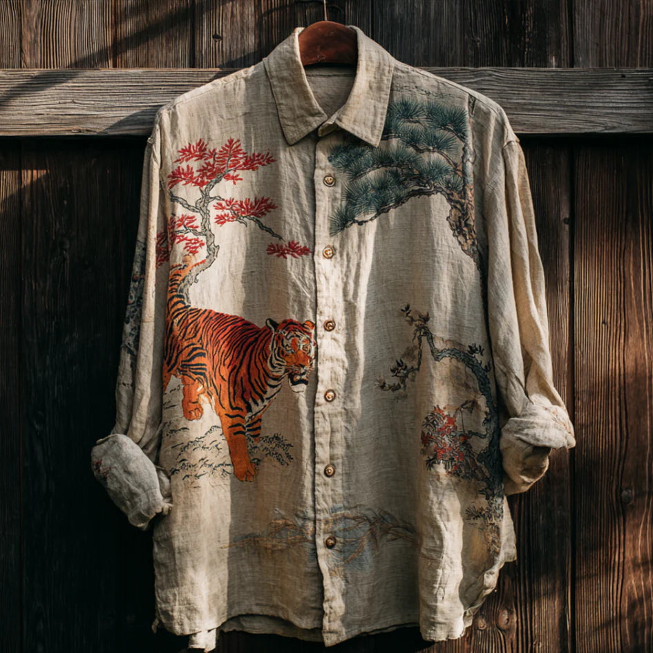 Japanese Art Style Creative Tiger Pattern Men's Retro Cotton And Linen Shirt
