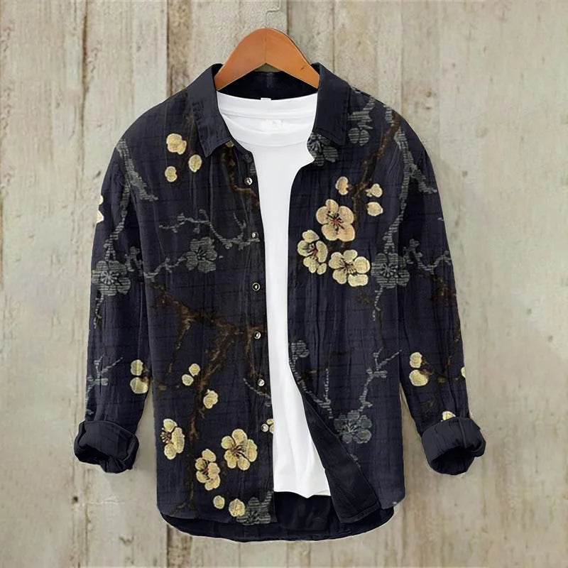 Men's Vintage Japanese Art Blossom Casual Linen Blend Shirt