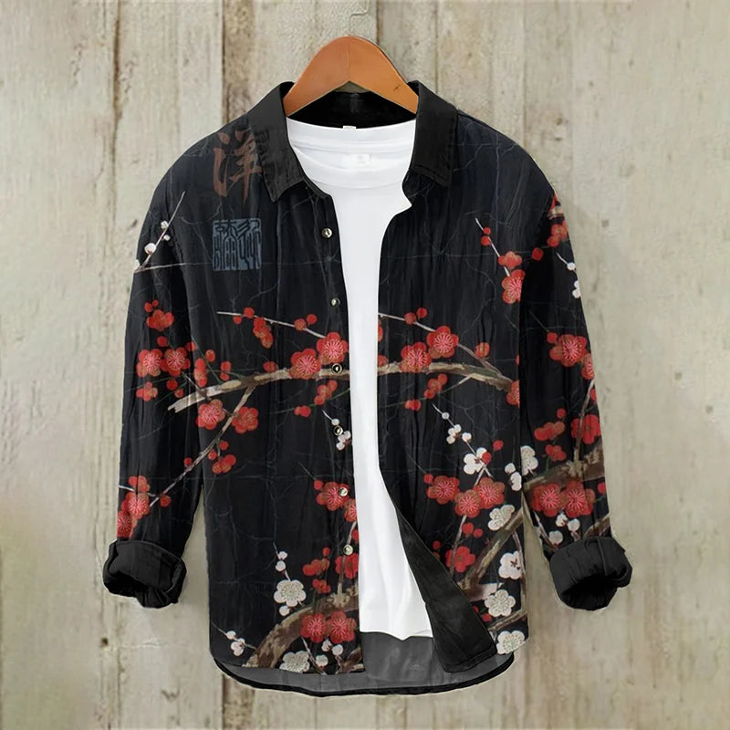 Men's Vintage Japanese Art Plum Blossom Casual Linen Blend Shirt