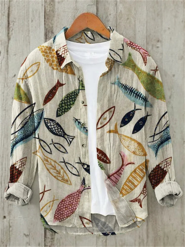 Colorful Fish Japanese Lino Pattern Linen Blend Shirt