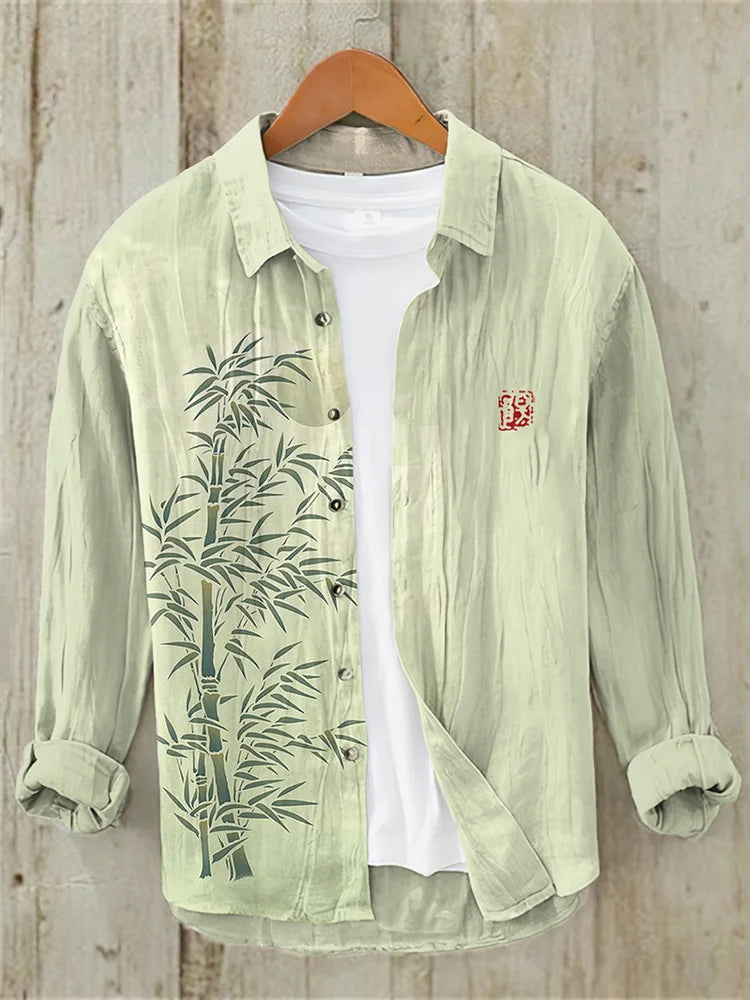 Bamboo Forest Full Moon Night Japanese Art Casual Linen Blend Shirt