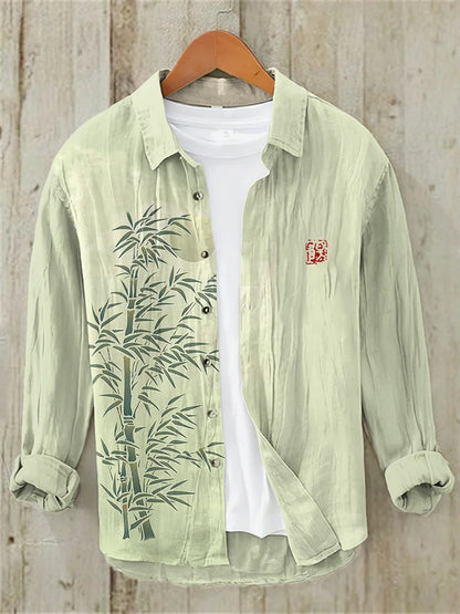 Bamboo Forest Full Moon Night Japanese Art Casual Linen Blend Shirt