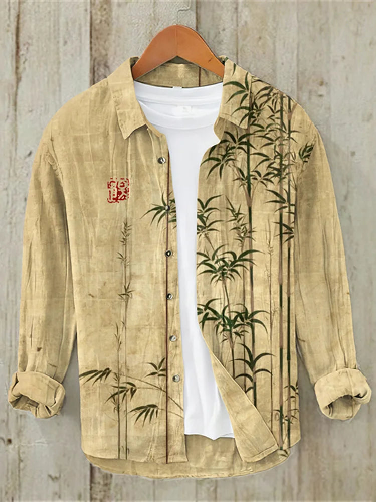 Bamboo Japanese Art Casual Linen Blend Shirt (Khaki)