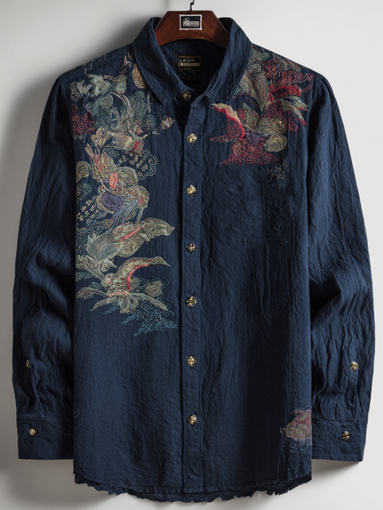Japanese Art Style Bird And Flower Pattern Men's Cotton And Linen Short Sleeve Shirt