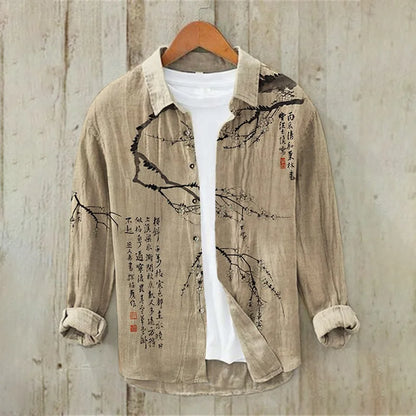 Men'S Floral Ink Painting Vintage Cotton And Linen Shirt