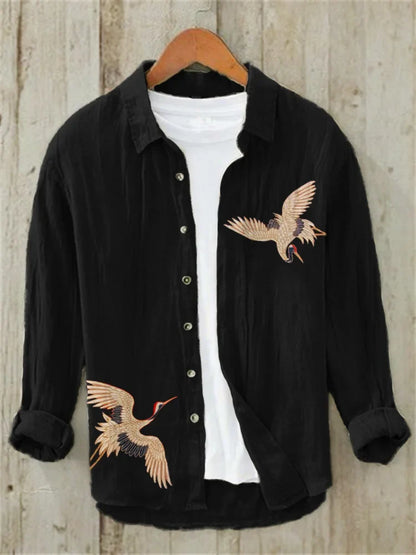 Cranes & Pine Tree Sunrise Japanese Art Linen Blend Shirt