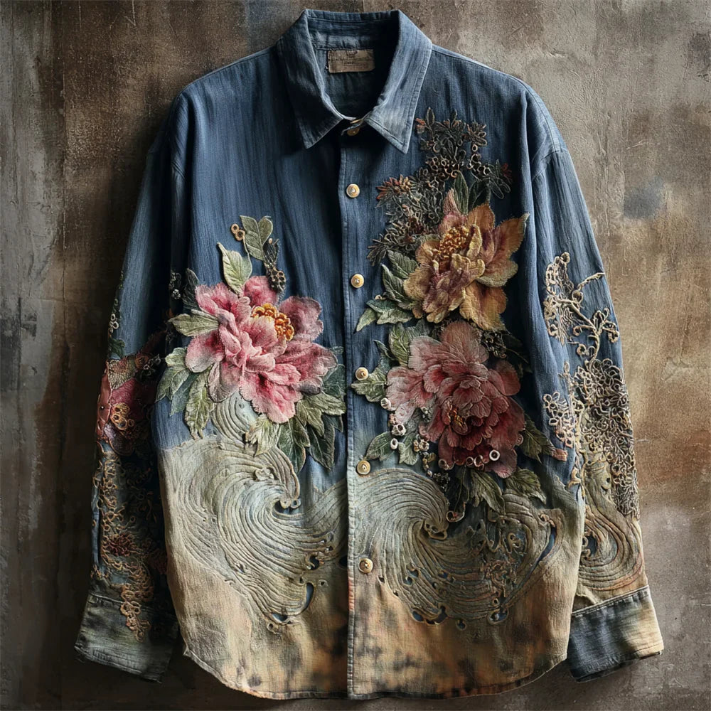 Vintage Peony Floral Japanese Style Men's Linen Long Sleeve Shirt