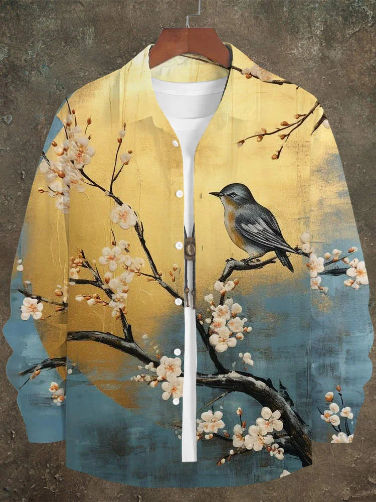 Japanese Vintage Bird & Flower Men's Linen Long Sleeve Shirt